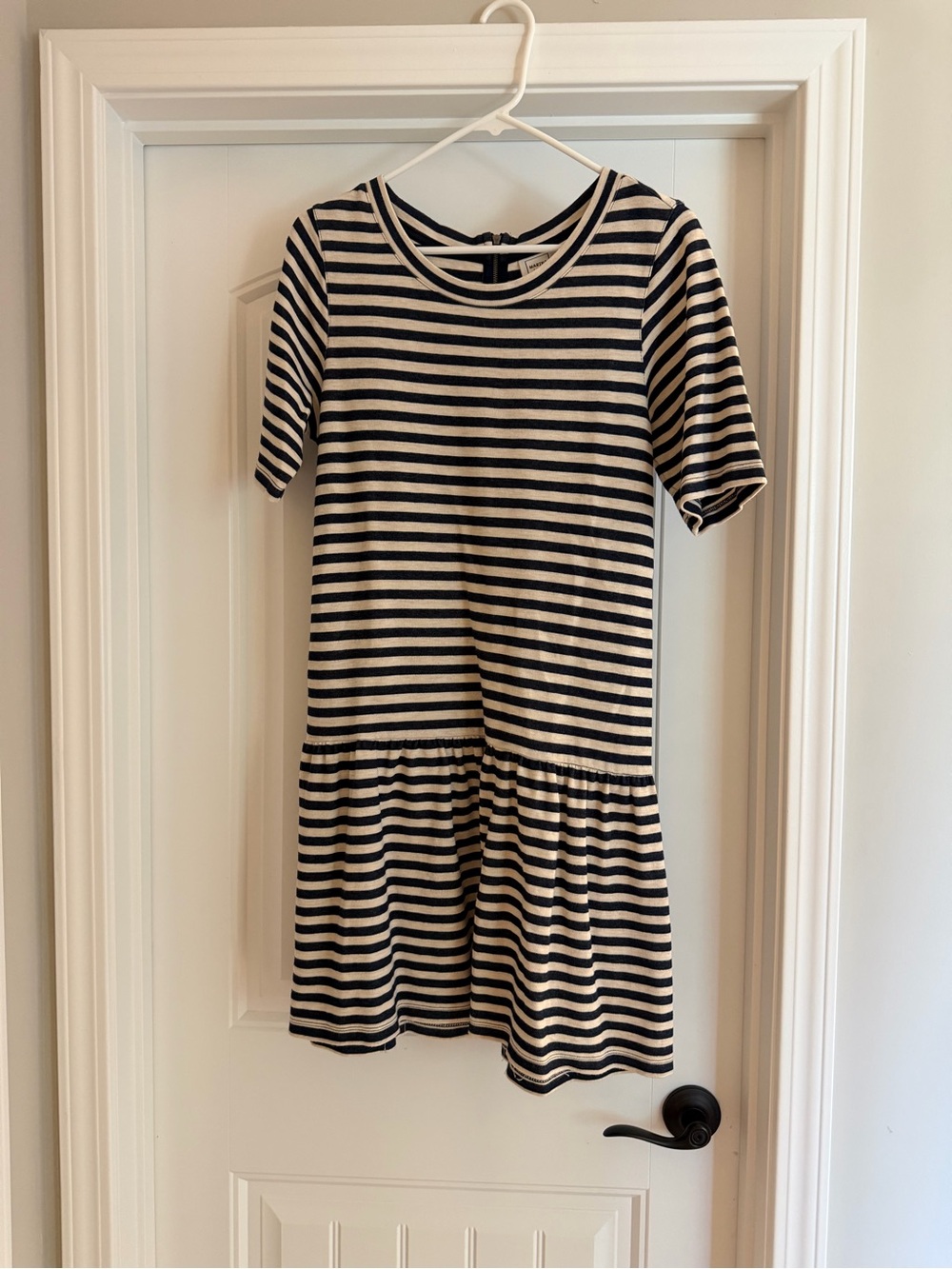 Marina Luna Navy and Cream Striped Short Sleeve Casual Dress